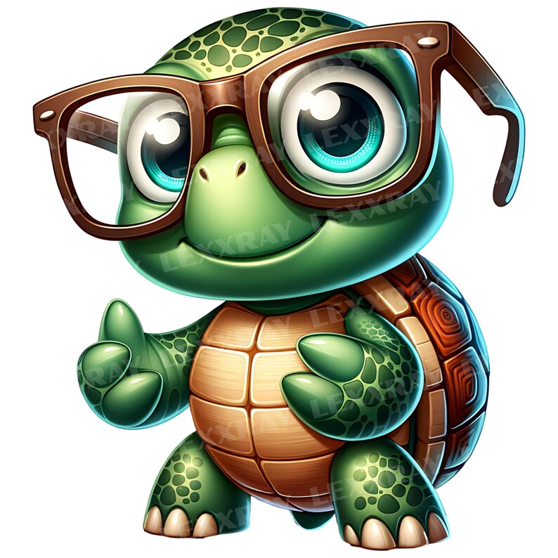 K&ouml;nnte beinhalten: Eine Zeichentrickschildkr&ouml;te mit gr&uuml;nem K&ouml;rper, braunem Panzer und gro&szlig;en Augen. Die Schildkr&ouml;te tr&auml;gt eine braun gerahmte Brille und zeigt den Daumen nach oben. Das Bild hat einen wei&szlig;en Hintergrund und eine freundliche, fr&ouml;hliche Ausstrahlung.