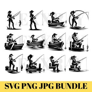 May include: A set of ten black and white SVG, PNG, and JPG digital files featuring illustrations of people fishing from boats and docks. The illustrations are in a vintage style.