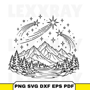 May include: A black and white line art illustration featuring a mountain range above a forest and a body of water, with multiple shooting stars and constellations in the sky above. The text "PNG SVG DXF EPS PDF" is printed at the bottom.