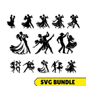 Op de afbeelding: Een verzameling van twaalf zwarte silhouetten die paren in verschillende ballroom- en countrydanshoudingen weergeven, inclusief walsen en dips. De grafische set is voorzien van de tekst SVG BUNDLE in een geel vak in de rechterbenedenhoek.