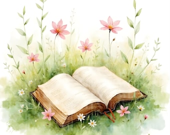 Bible Clipart Bundle, Watercolor Floral Christian Illustration Bibles (Digital Download)