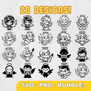 20 Angel SVG & PNG Clipart Bundle, Cute Angel Designs And Angel Silhouettes, Digital Download for Crafts, Junk Journal