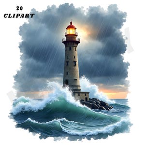 May include: A digital illustration of a lighthouse standing tall amidst crashing waves and a stormy sky. The lighthouse is gray with a red top, and the text "20 CLIPART" is in the upper left corner. The ocean waves are a vibrant turquoise.