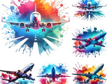 Airplane Watercolor Clipart Bundle: PNG JPG Instant Download.