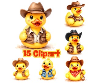 Lot de cliparts canard en caoutchouc cow-boy aquarelle (téléchargement numérique)
