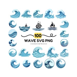 May include: A collection of blue wave illustrations in various styles, including circular designs and images of sailboats and ships. The text "100 WAVE SVG PNG commercial licence" is displayed in the center.
