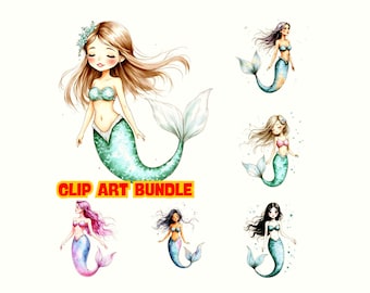 PNG + JPG  Watercolor Mermaid Clipart Bundle, Ocean Fantasy Art ( Digital Download)