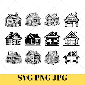 Peut inclure: Un ensemble de dix illustrations en noir et blanc de cabanes en rondins. Les cabanes sont dessinées dans un style vintage et présentent divers détails, tels que des cheminées, des fenêtres et des portes. Les illustrations sont parfaites pour une utilisation dans des projets d'artisanat, du scrapbooking ou de la conception numérique.