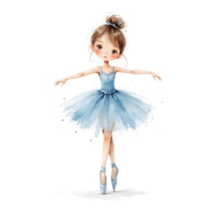 May include: A watercolour illustration of a ballerina in a blue tutu and pointe shoes. The ballerina has brown hair in a bun and is posed with arms outstretched. The image has a soft, dreamy aesthetic with watercolour paint splatters.