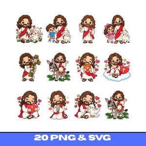 Kawaii Jesus Christian Clipart Bundle, 20 PNG & SVG Files (Digital Download)