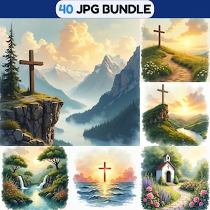 May include: A digital art bundle featuring six landscape paintings with a religious theme. Each image depicts a wooden cross in a natural setting, such as a mountaintop, a path, or the ocean. The text "40 JPG BUNDLE" is at the top.