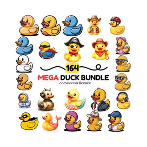 Op de afbeelding: Een verzameling cartoon badeenden in verschillende stijlen, waaronder een piraat, een cowboy en een superheld. De tekst "MEGA DUCK BUNDLE" en "commercial licence" zijn ook zichtbaar.