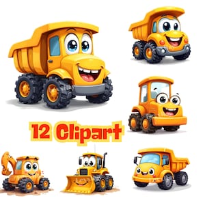 Puede incluir: Seis ilustraciones de vehículos de construcción amarillos, incluyendo un camión volquete, una excavadora y una excavadora. Cada vehículo tiene una cara sonriente y ojos grandes. El texto "12 Clipart" se muestra en rojo y naranja.
