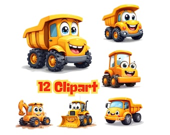 12 Cartoon Baustellenautos Clipart | Kids Fahrzeug Kunst (JPG Digital Download)