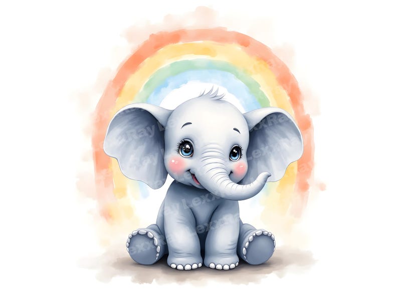 Baby Elephant Rainbow Watercolor Clipart, Nursery Decor (digital ...