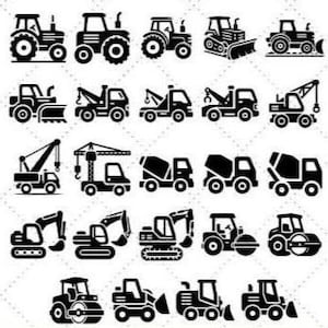 Könnte beinhalten: Ein Satz von 25 Schwarz-Weiß-Silhouetten-Icons verschiedener Baumaschinen, darunter Traktoren, Kräne, Bagger, Betonmischer und Bulldozer.