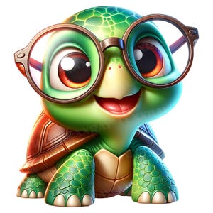 K&ouml;nnte beinhalten: Eine Zeichentrickschildkr&ouml;te mit gr&uuml;nem Kopf und Beinen, einem braunen Panzer und einer gro&szlig;en, runden Brille. Die Schildkr&ouml;te hat gro&szlig;e, ausdrucksstarke Augen und einen l&auml;chelnden Mund. Das Bild ist farbenfroh und hat einen skurrilen Charakter.