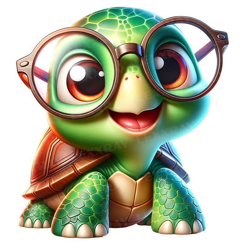 K&ouml;nnte beinhalten: Eine Zeichentrickschildkr&ouml;te mit gr&uuml;nem Kopf und Beinen, einem braunen Panzer und einer gro&szlig;en, runden Brille. Die Schildkr&ouml;te hat gro&szlig;e, ausdrucksstarke Augen und einen l&auml;chelnden Mund. Das Bild ist farbenfroh und hat einen skurrilen Charakter.