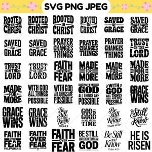 Könnte beinhalten: Eine Sammlung von schwarz-weißen SVG- und PNG-Designs zum Thema Christentum. Die Designs zeigen inspirierende Sätze wie "Rooted in Christ", "Saved by Grace" und "Faith Over Fear". Ideal für Bastelprojekte.