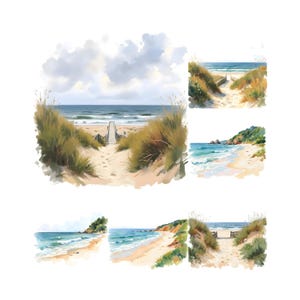 Puede incluir: Pinturas a la acuarela de escenas de playa. La imagen principal muestra un camino arenoso que conduce al océano, enmarcado por hierba alta y una pasarela de madera. Otras imágenes representan vistas costeras similares con agua azul, playas de arena y vegetación verde.