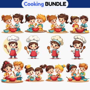 Pode incluir: Uma ilustração digital intitulada "Cooking Bundle" com crianças de desenho animado cozinhando. A imagem mostra crianças usando aventais e chapéus de chef, misturando ingredientes em tigelas com colheres. A paleta de cores inclui vermelho, azul, amarelo e marrom.