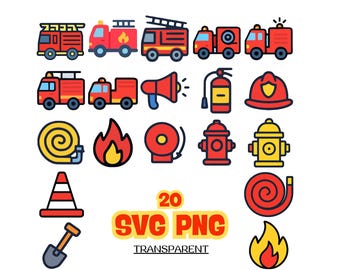 Paquete de imágenes prediseñadas de camiones de bomberos en formato SVG y PNG.