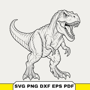 May include: A black and white line art illustration of a Tyrannosaurus Rex dinosaur with its mouth open, showing sharp teeth and a tongue. Below the dinosaur, a rectangular label contains the text SVG PNG DXF EPS PDF in black letters.