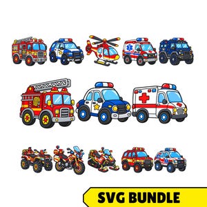 May include: A collection of cartoon emergency vehicles including fire trucks, police cars, ambulances, a helicopter, a motorcycle, an ATV, and a snowmobile. The graphic set features bright colors and bold outlines, labeled as an SVG BUNDLE.