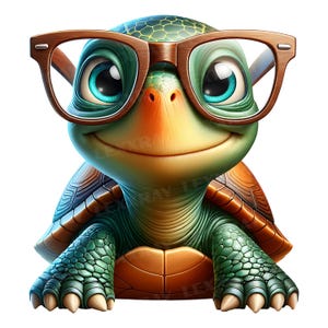 K&ouml;nnte beinhalten: Eine Zeichentrickschildkr&ouml;te mit freundlichem Gesichtsausdruck, die eine braun gerahmte Brille tr&auml;gt. Die Schildkr&ouml;te hat einen gr&uuml;nen und braunen Panzer mit einem gelben und orangefarbenen Gesicht. Ihre gro&szlig;en Augen sind blau, und sie hat einen l&auml;chelnden Mund.