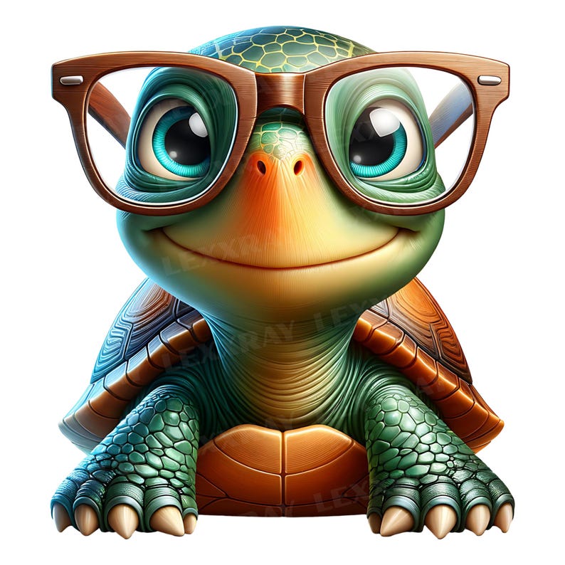K&ouml;nnte beinhalten: Eine Zeichentrickschildkr&ouml;te mit freundlichem Gesichtsausdruck, die eine braun gerahmte Brille tr&auml;gt. Die Schildkr&ouml;te hat einen gr&uuml;nen und braunen Panzer mit einem gelben und orangefarbenen Gesicht. Ihre gro&szlig;en Augen sind blau, und sie hat einen l&auml;chelnden Mund.