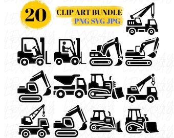 20 Construction Truck Clip Art Bundle Excavator, Crane, Digger, JPG SVG PNG