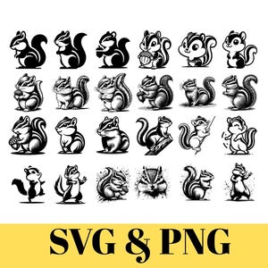 May include: A set of 25 black and white silhouette illustrations of squirrels in various poses. The squirrels are depicted in a cartoon style and are perfect for crafting projects, scrapbooking, or digital design.
