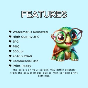 K&ouml;nnte beinhalten: Dieses Bild zeigt eine Zeichentrickschildkr&ouml;te mit Brille. Die Schildkr&ouml;te ist gr&uuml;n mit einem braunen Panzer und l&auml;chelt. Der Text auf dem Bild enth&auml;lt "FEATURES", "Watermarks Removed", "High Quality JPG", "JPG", "PNG", "300dpi", "2048 x 2048", "Commercial Use" und "Print Ready".