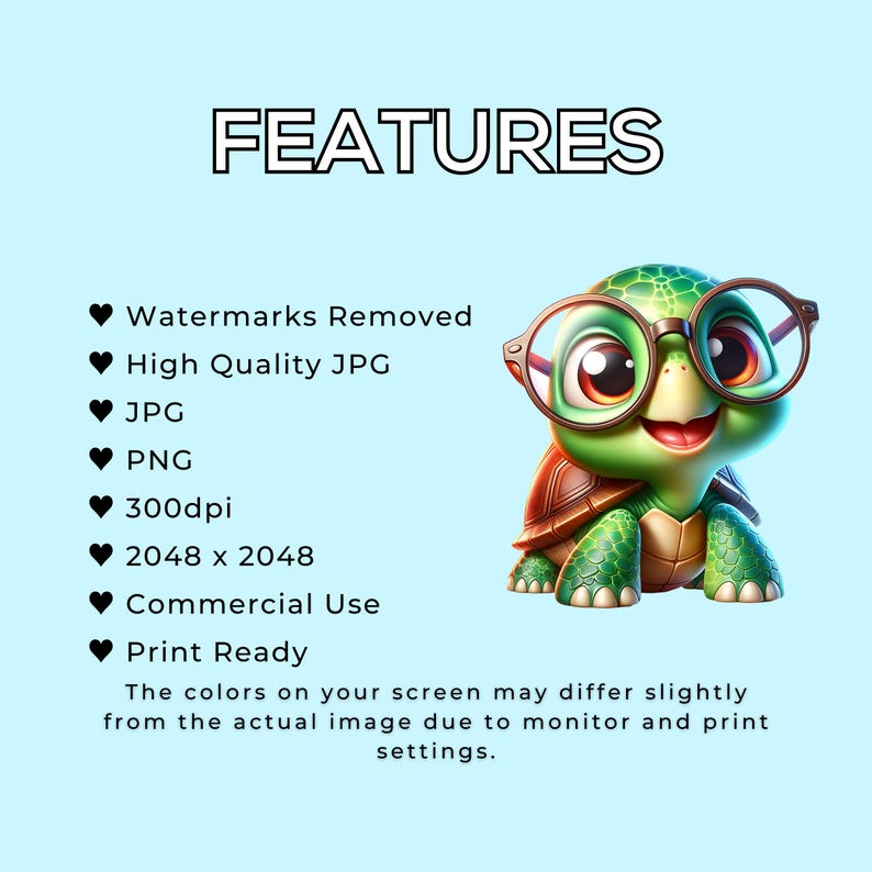 K&ouml;nnte beinhalten: Dieses Bild zeigt eine Zeichentrickschildkr&ouml;te mit Brille. Die Schildkr&ouml;te ist gr&uuml;n mit einem braunen Panzer und l&auml;chelt. Der Text auf dem Bild enth&auml;lt "FEATURES", "Watermarks Removed", "High Quality JPG", "JPG", "PNG", "300dpi", "2048 x 2048", "Commercial Use" und "Print Ready".