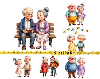 Quirky Old Couple Clipart Bundle: Whimsical Lovers (PNG JPG, Digital Download)