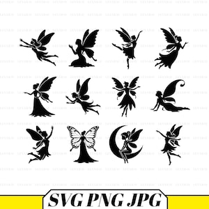 Può includere: Una collezione di dodici grafiche a silhouette nera che raffigurano varie figure di fate in diverse pose, tra cui in volo, che danzano e sedute su una luna crescente, con una fata che mostra dettagliati motivi alari simili a quelli di una farfalla.