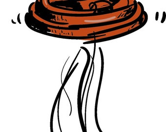 Könnte beinhalten: Eine handgezeichnete Illustration eines braunen Pappbechers mit Deckel, gefüllt mit Kaffee und aufsteigendem Dampf.