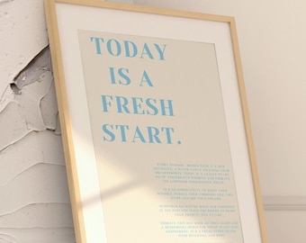 Framed Wall Art, Motivational Quote 'Today is a Fresh Start', Blue Color, Inspirational Home Decor, Positive Message Print, Ready to Hang