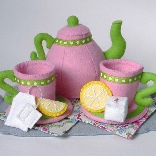 Tea Set Felt Food PDF Pattern- Tray, Teapot, Teacup, Saucers, Sugar Cubes, Lemon Slices, Tea Bag, Napkins