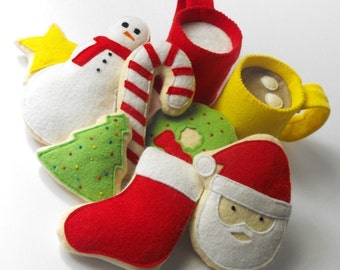 Felt Food Pattern- Christmas Cookies, Hot Cocoa and Milk (Santa, Wreath, Tree, Candy Cane, Snowman, Star, Stocking, Cocoa and Milk Mug)