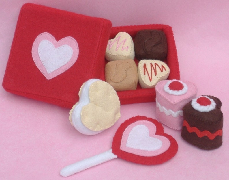 Valentine Sweets Felt Food PDF Pattern Box Chocolates, Lollipop, Heart Petit Fours Cakes, Sandwich Cookie image 1