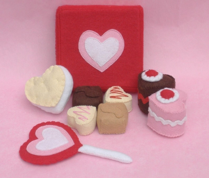 Valentine Sweets Felt Food PDF Pattern Box Chocolates, Lollipop, Heart Petit Fours Cakes, Sandwich Cookie image 4