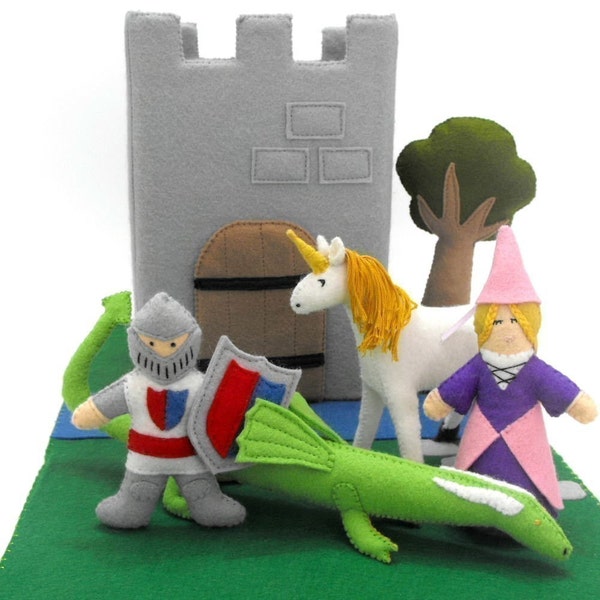 Modèle de fourre-tout de jeu de château médiéval - princesse, chevalier, dragon, licorne, arbre, château et accessoires