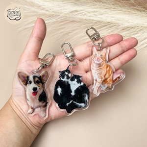 May include: Three clear acrylic keychains featuring a Corgi dog, two black and white cats, and an orange tabby cat. Each keychain has a silver-coloured clasp. The keychains are held in a hand, with the logo "Purrfect Treasures" visible in the upper left corner.