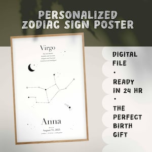 Póster personalizado del signo del zodiaco Virgo | Póster de nacimiento | Regalo de nacimiento | Decoración de pared espiritual | Regalo de maternidad espiritual | Póster para habitación infantil