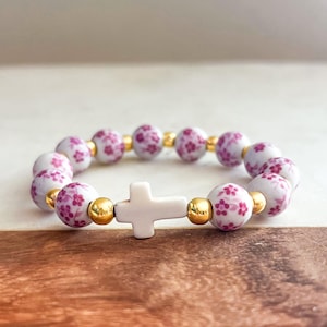 Pink Floral Cross Bracelet | Christian Jewelry | Beaded Cross Bracelet