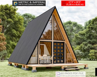 A Frame Cabin Plans 17&#39;4&quot; x 28&#39;3&quot;, 1 Bedroom 600 SQFT, Tiny House Plans, Small House Plans, A Frame House Plans, Cabin Plans, A Frame Plans