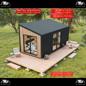 May include: A modern tiny house plan with a dark gray roof and black siding, accented with natural wood. The house features large windows, a wooden deck, and the text "9'-10" x 19'-6" (3.00 m x 5.95 m)" and "1 BEDROOM + 1 BATH 192 SQFT (ONLY HOUSE)".