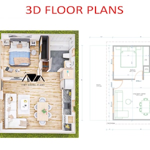 Pu&ograve; includere: Una planimetria 3D per una tiny house, che mostra una vista dall'alto di un interno arredato con camera da letto, bagno, cucina e soggiorno, accanto a un disegno tecnico 2D con dimensioni in piedi e pollici, etichettato 3D FLOOR PLANS.