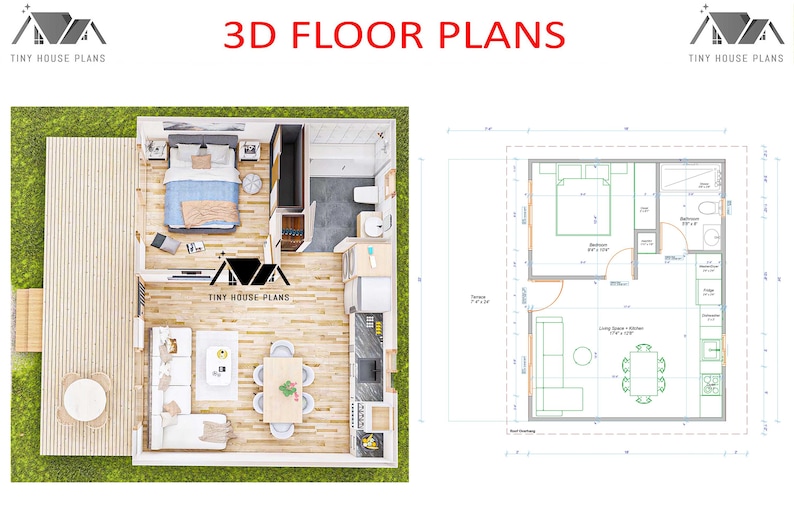 Pu&ograve; includere: Una planimetria 3D per una tiny house, che mostra una vista dall'alto di un interno arredato con camera da letto, bagno, cucina e soggiorno, accanto a un disegno tecnico 2D con dimensioni in piedi e pollici, etichettato 3D FLOOR PLANS.